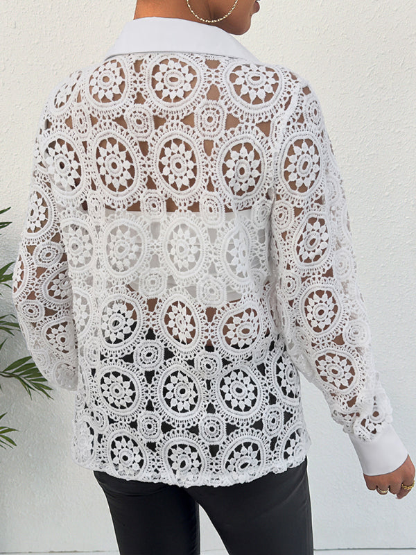 Blouses- Lace See-Through Long Sleeve Shirt | Collared Blouse- - IndioGear Fashion and Gear