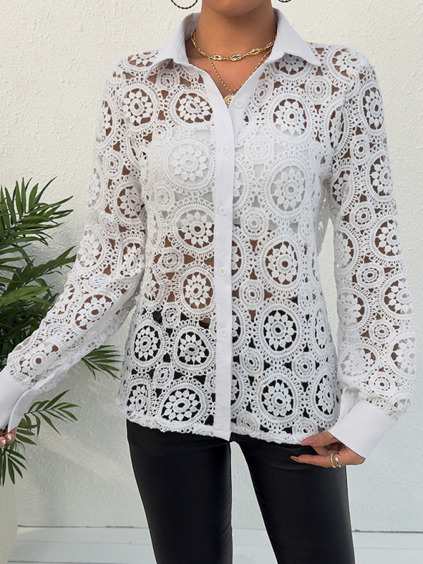 Blouses- Lace See-Through Long Sleeve Shirt | Collared Blouse- - IndioGear Fashion and Gear