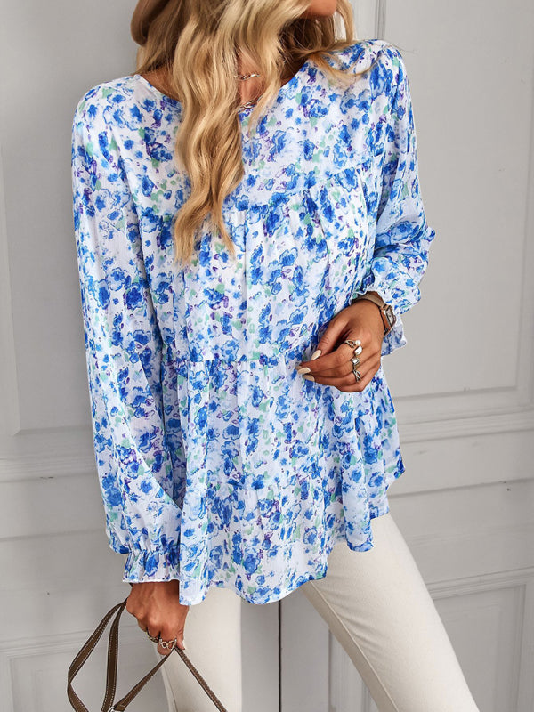 Blouses- Lantern Long Sleeve Top - Chic Floral Tiered Ruffles Blouse- - Pekosa Women Clothing