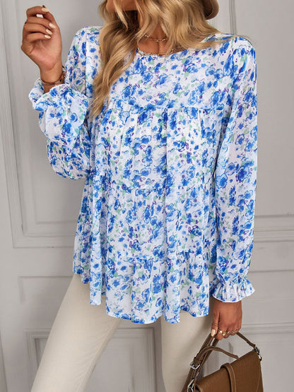 Blouses- Lantern Long Sleeve Top - Chic Floral Tiered Ruffles Blouse- - Pekosa Women Clothing