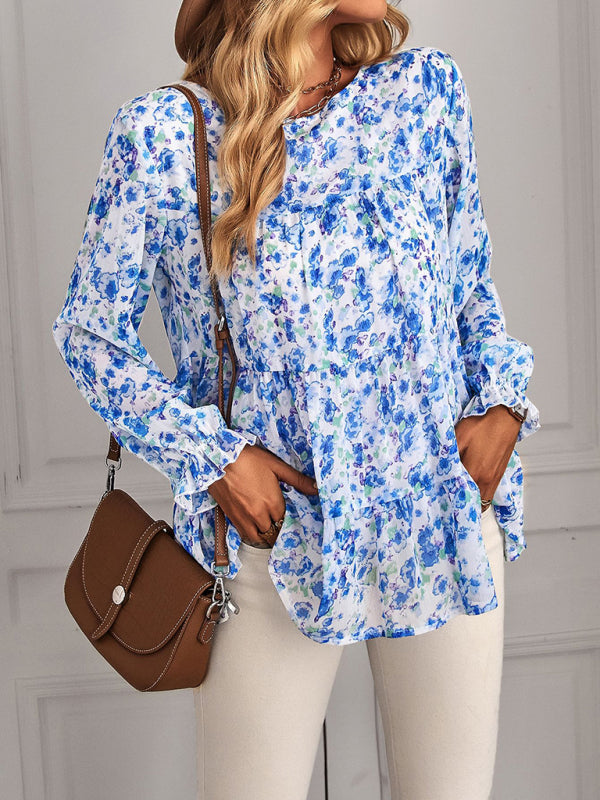 Blouses- Lantern Long Sleeve Top - Chic Floral Tiered Ruffles Blouse- - Pekosa Women Clothing