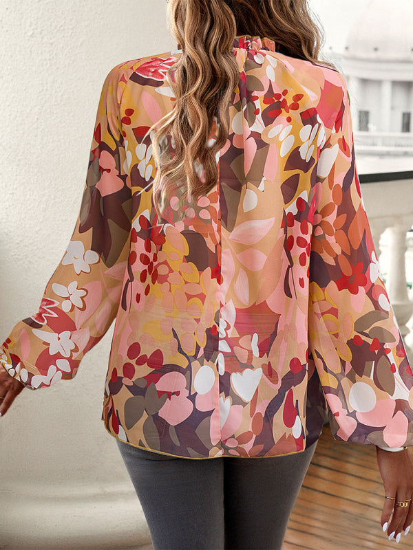 Blouses-Lantern Sleeve Floral Print Blouse with Stand Collar for Spring-Pekosa Women Clothing