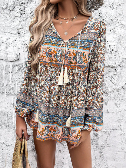 Blouses- Lantern Sleeves Flowy Blouse in Boho Print- - IndioGear Fashion and Gear