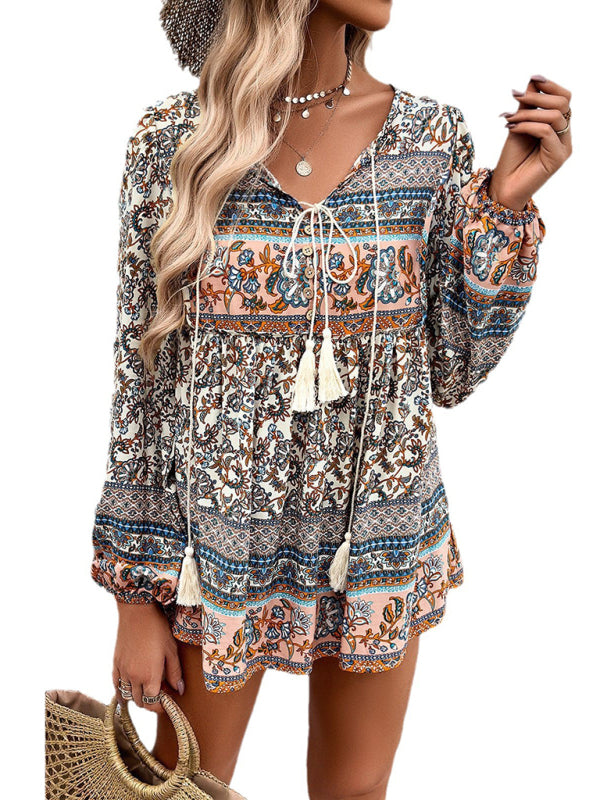 Blouses- Lantern Sleeves Flowy Blouse in Boho Print- - IndioGear Fashion and Gear