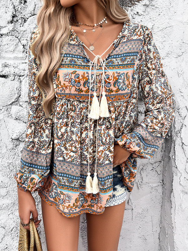 Blouses- Lantern Sleeves Flowy Blouse in Boho Print- Brown- IndioGear Fashion and Gear