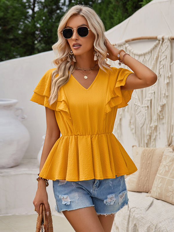 Layered Sleeve Blouse | Textured V Neck Peplum Top