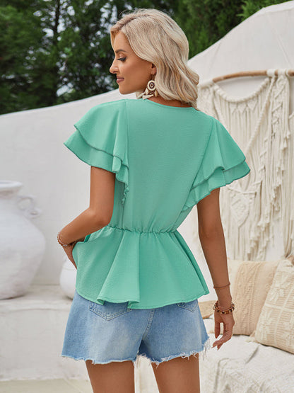 Layered Sleeve Blouse | Textured V Neck Peplum Top