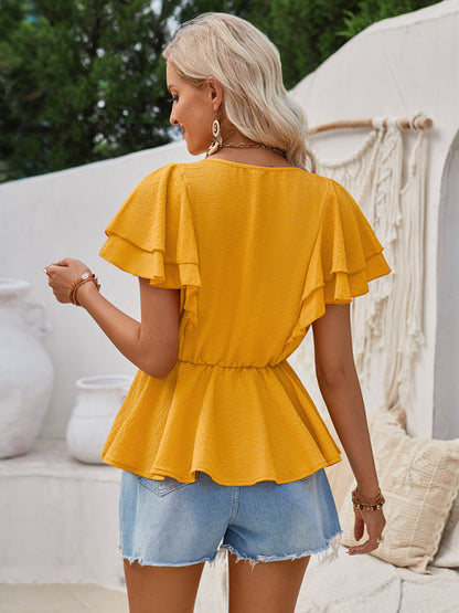 Layered Sleeve Blouse | Textured V Neck Peplum Top