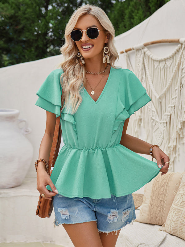 Layered Sleeve Blouse | Textured V Neck Peplum Top