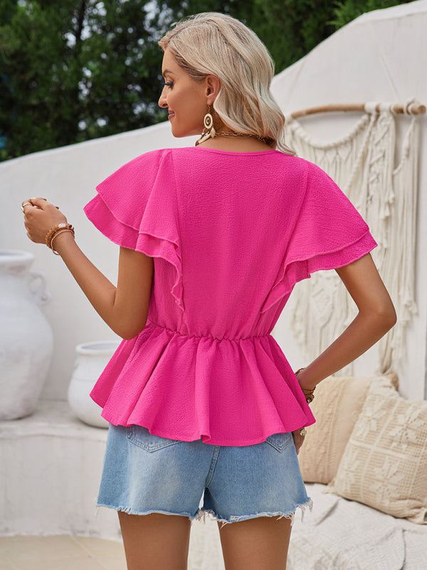 Layered Sleeve Blouse | Textured V Neck Peplum Top