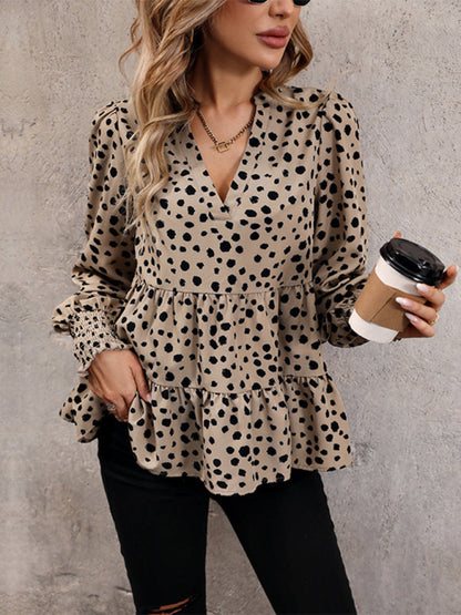 Blouses- Leopard Print Autumn Lantern Sleeve Tiered Peplum Blouse- Khaki- IndioGear Clothing and Gear