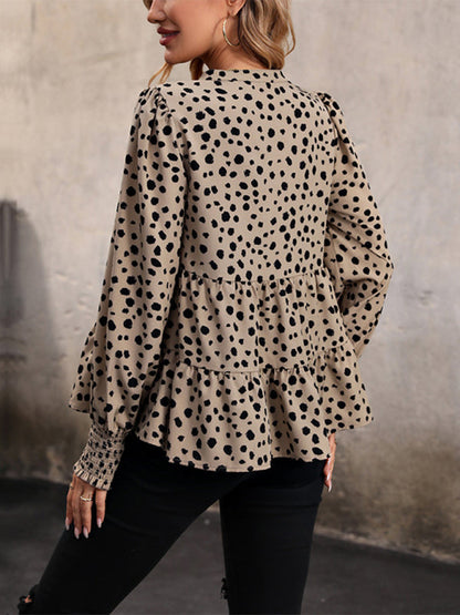 Blouses- Leopard Print Autumn Lantern Sleeve Tiered Peplum Blouse- - IndioGear Clothing and Gear