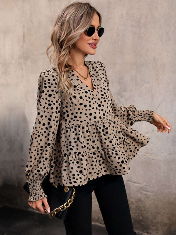 Blouses- Leopard Print Autumn Lantern Sleeve Tiered Peplum Blouse- - IndioGear Clothing and Gear