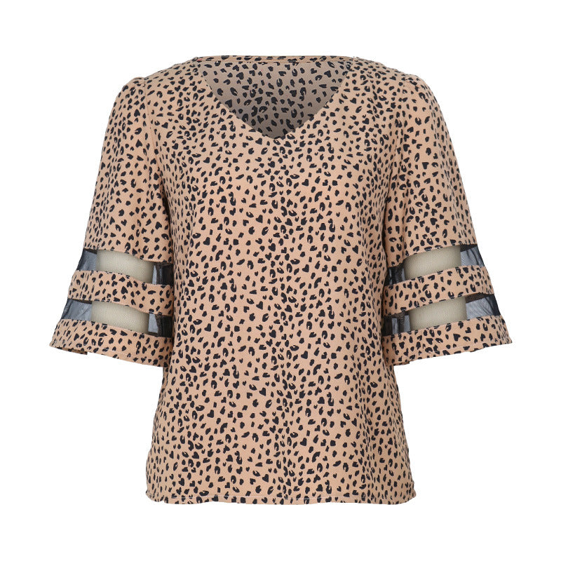 Blouses- Leopard Print Blouse - Women's V-Neck 3/4 Sleeves Top with Mesh Accents- - IndioGear Fashion and Gear