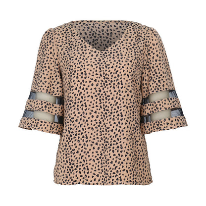 Blouses- Leopard Print Blouse - Women's V-Neck 3/4 Sleeves Top with Mesh Accents- - IndioGear Fashion and Gear