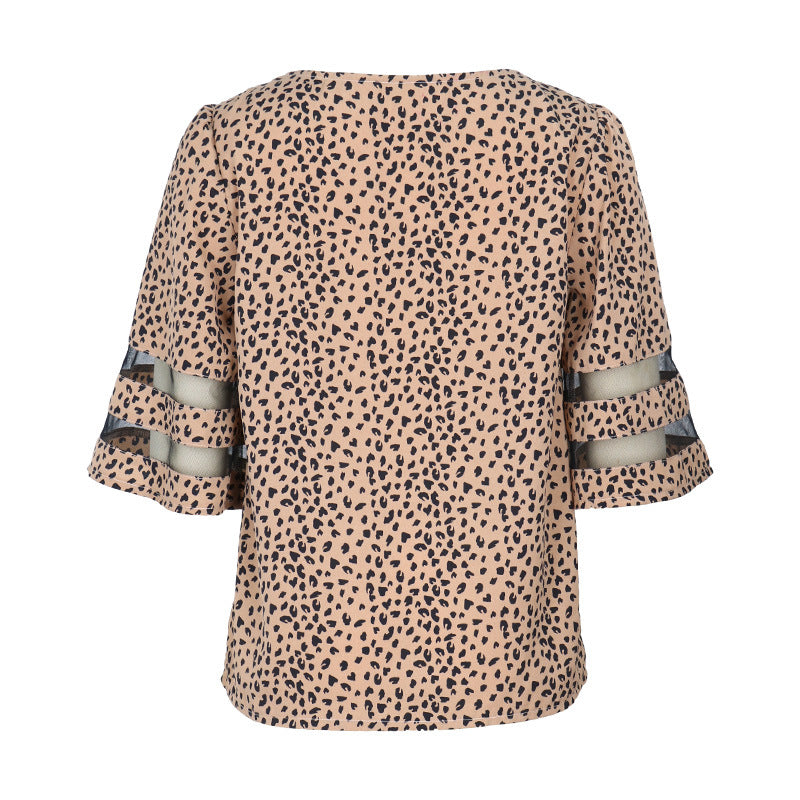 Blouses- Leopard Print Blouse - Women's V-Neck 3/4 Sleeves Top with Mesh Accents- - IndioGear Fashion and Gear