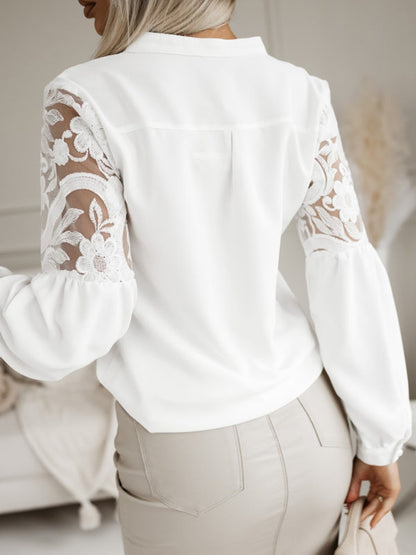 Blouses-Long Sleeve Shirt Blouse with Elegant Lace-Pekosa Women Clothing