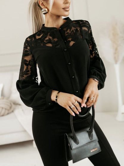 Blouses-Long Sleeve Shirt Blouse with Elegant Lace-Pekosa Women Clothing