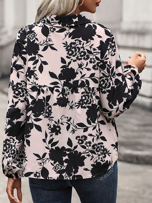 Blouses-Long-Sleeve V-Neck Blouse with Collar in Floral Print-Pekosa Women Clothing