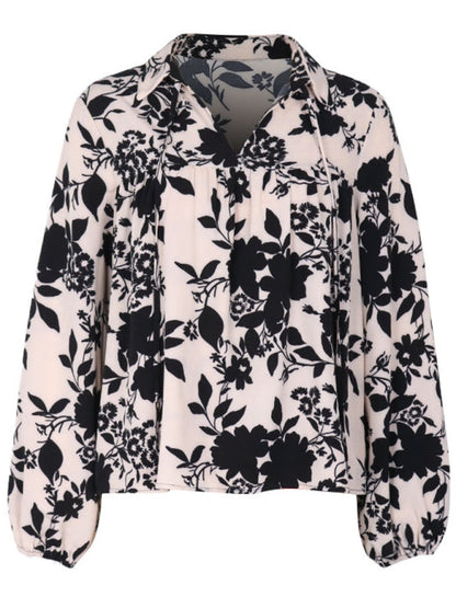 Blouses-Long-Sleeve V-Neck Blouse with Collar in Floral Print-Pekosa Women Clothing