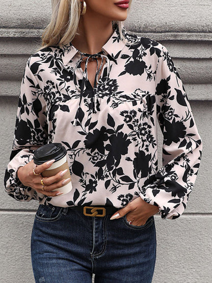 Blouses-Long-Sleeve V-Neck Blouse with Collar in Floral Print-Pekosa Women Clothing