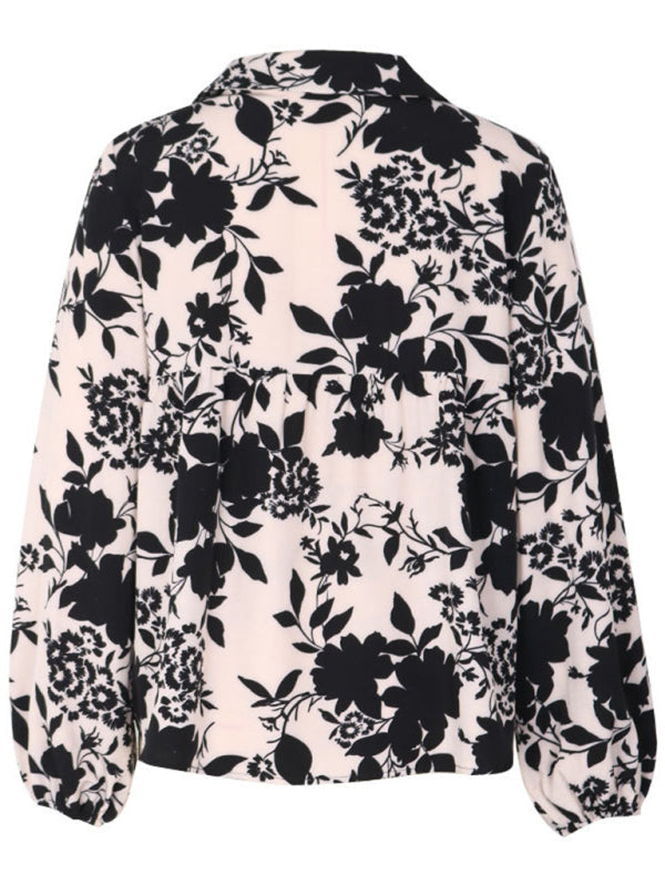 Blouses-Long-Sleeve V-Neck Blouse with Collar in Floral Print-Pekosa Women Clothing