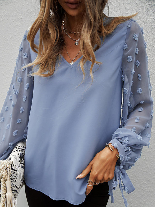 Blouses- Long Sleeves V-Neck Blouse | Swiss Dot Accents Top- Blue- IndioGear Fashion and Gear