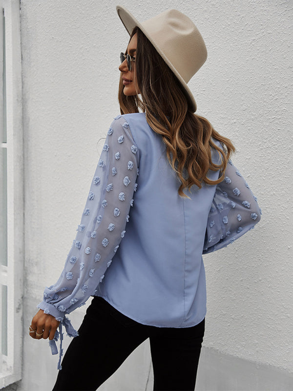 Blouses- Long Sleeves V-Neck Blouse | Swiss Dot Accents Top- - IndioGear Fashion and Gear