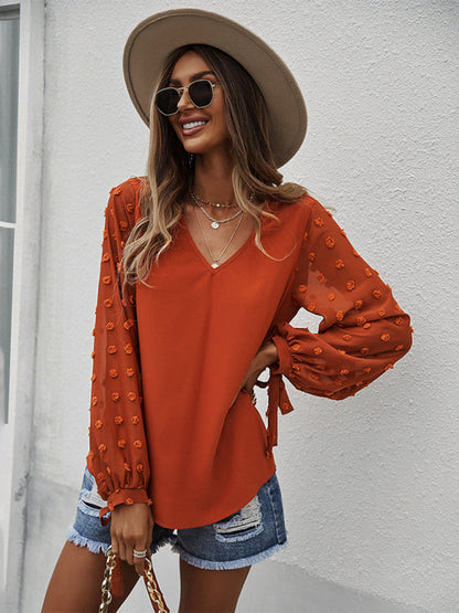 Blouses- Long Sleeves V-Neck Blouse | Swiss Dot Accents Top- - IndioGear Fashion and Gear