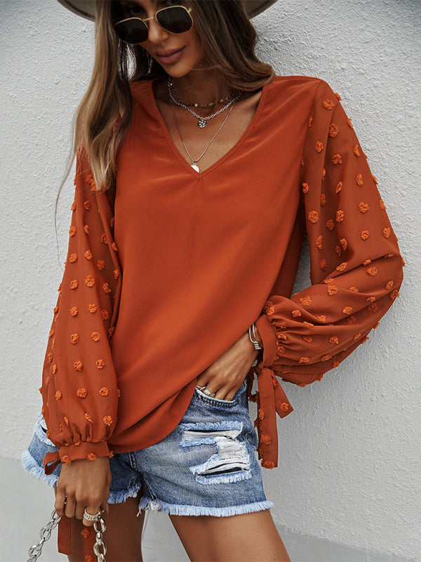 Blouses- Long Sleeves V-Neck Blouse | Swiss Dot Accents Top- - IndioGear Fashion and Gear