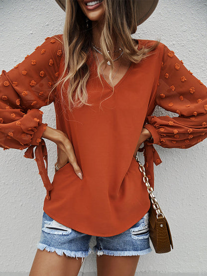 Blouses- Long Sleeves V-Neck Blouse | Swiss Dot Accents Top- - IndioGear Fashion and Gear