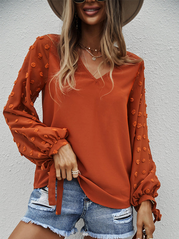 Blouses- Long Sleeves V-Neck Blouse | Swiss Dot Accents Top- Orange- IndioGear Fashion and Gear