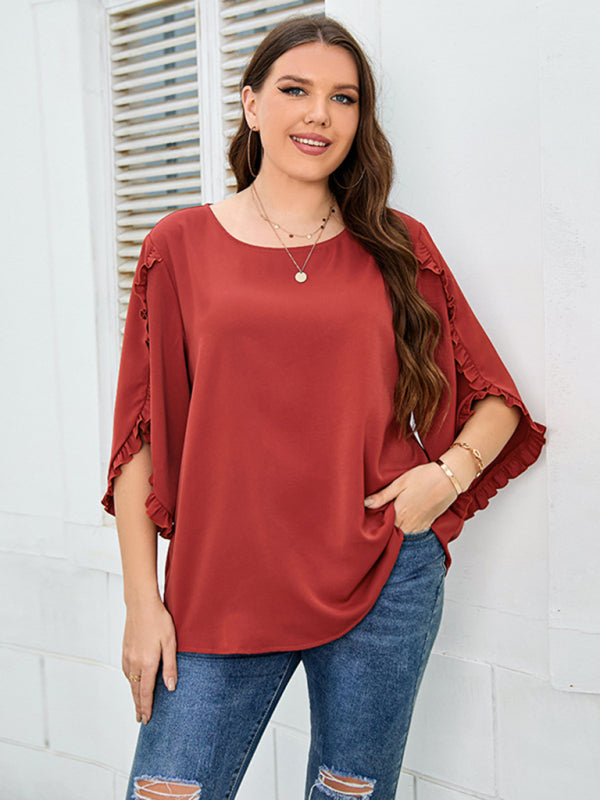 Blouses- Oversized Curvy Half Sleeves Blouse with Frill Accents- - IndioGear Fashion and Gear