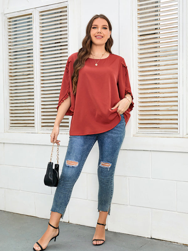 Blouses- Oversized Curvy Half Sleeves Blouse with Frill Accents- - IndioGear Fashion and Gear