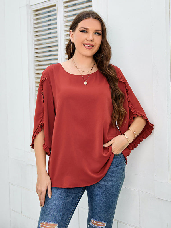 Blouses- Oversized Curvy Half Sleeves Blouse with Frill Accents- - IndioGear Fashion and Gear