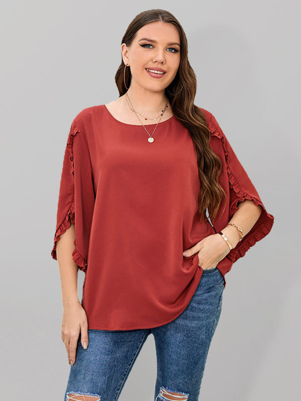 Blouses- Oversized Curvy Half Sleeves Blouse with Frill Accents- Red- IndioGear Fashion and Gear