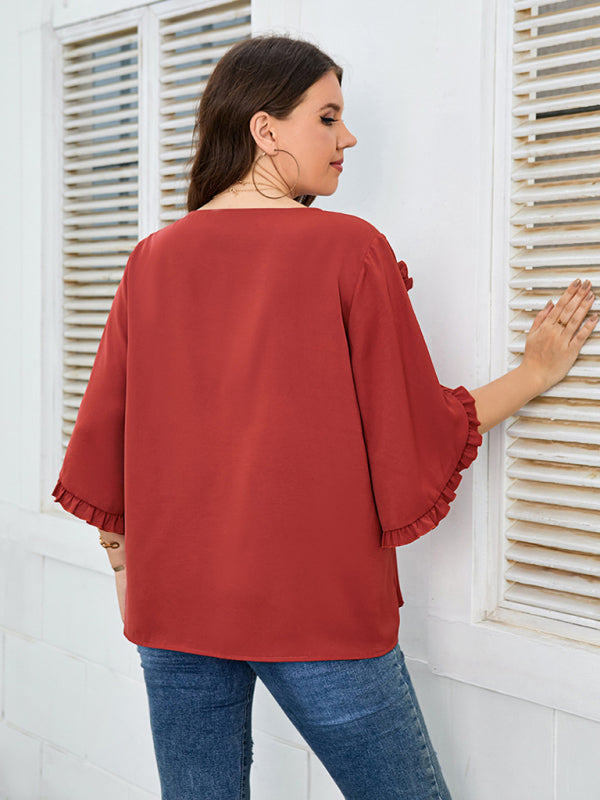 Blouses- Oversized Curvy Half Sleeves Blouse with Frill Accents- - IndioGear Fashion and Gear