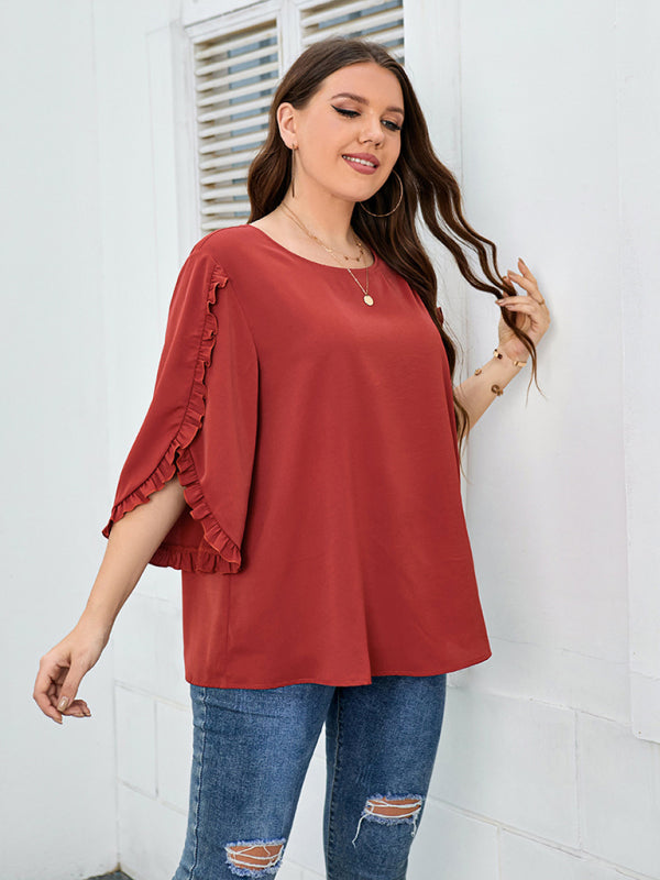 Blouses- Oversized Curvy Half Sleeves Blouse with Frill Accents- - IndioGear Fashion and Gear