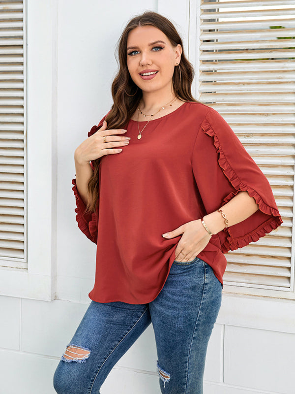 Blouses- Oversized Curvy Half Sleeves Blouse with Frill Accents- - IndioGear Fashion and Gear