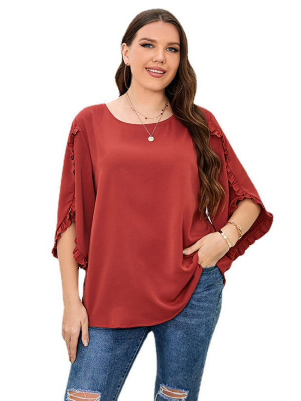 Blouses- Oversized Curvy Half Sleeves Blouse with Frill Accents- - IndioGear Fashion and Gear