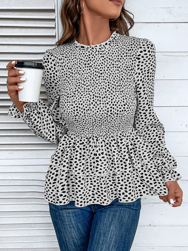 Blouses- Peplum Blouse With Long Sleeves and Smocked Waist in Leopard Print- - IndioGear Clothing and Gear