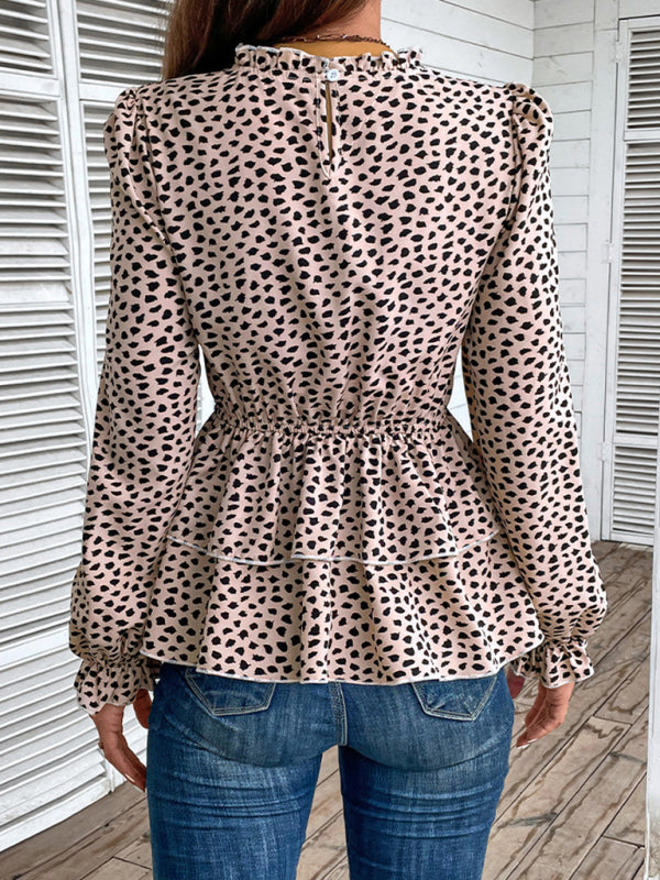 Blouses- Peplum Blouse With Long Sleeves and Smocked Waist in Leopard Print- - IndioGear Clothing and Gear