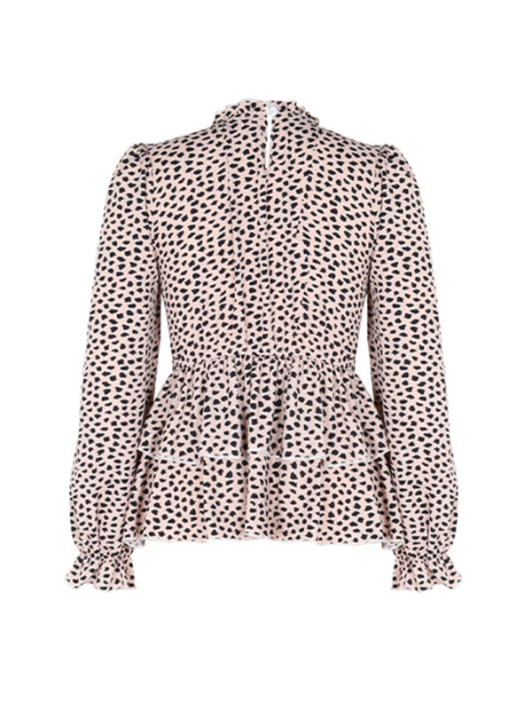 Blouses- Peplum Blouse With Long Sleeves and Smocked Waist in Leopard Print- - IndioGear Clothing and Gear