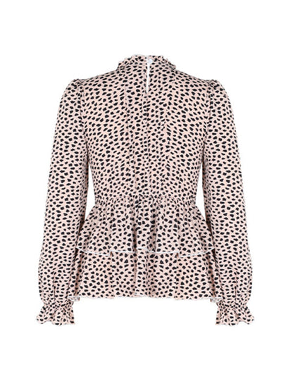 Blouses- Peplum Blouse With Long Sleeves and Smocked Waist in Leopard Print- - IndioGear Clothing and Gear