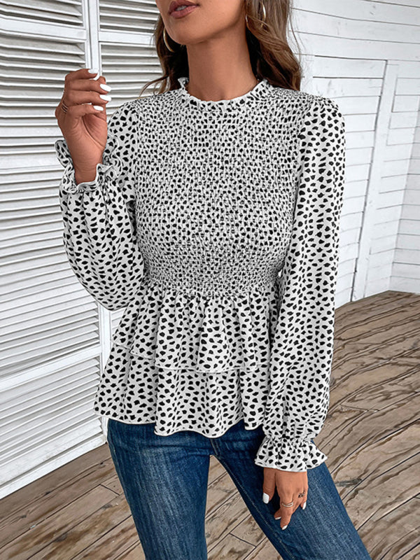 Blouses- Peplum Blouse With Long Sleeves and Smocked Waist in Leopard Print- White- IndioGear Clothing and Gear