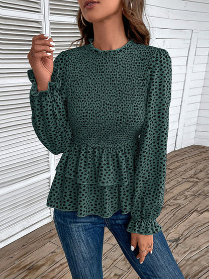 Blouses- Peplum Blouse With Long Sleeves and Smocked Waist in Leopard Print- Green black jasper- IndioGear Clothing and Gear