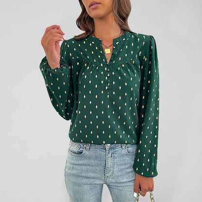 Blouses- Polka Dot Blouse - V Neck Long Sleeve Top- - Pekosa Women Clothing