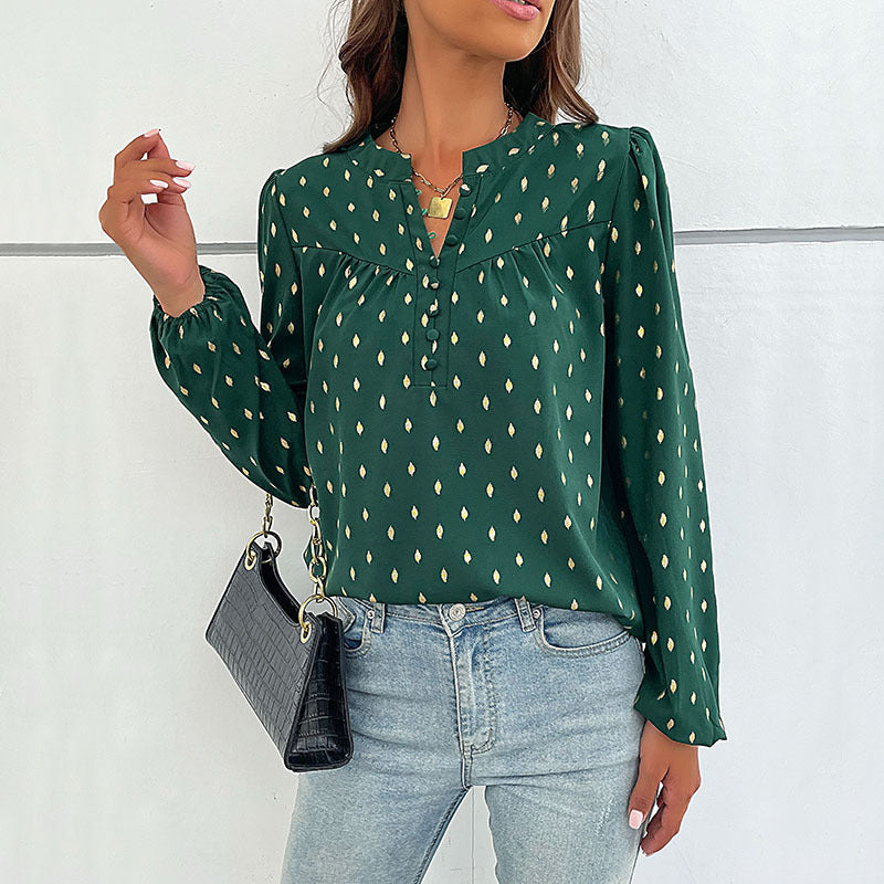 Blouses- Polka Dot Blouse - V Neck Long Sleeve Top- Green black jasper- Pekosa Women Clothing