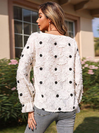 Blouses- Polka Dot Fuzzy Blouse - Flounce Sleeve Ruffle Top- - Pekosa Women Clothing