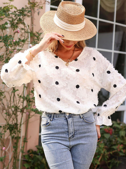 Blouses- Polka Dot Fuzzy Blouse - Flounce Sleeve Ruffle Top- - Pekosa Women Clothing